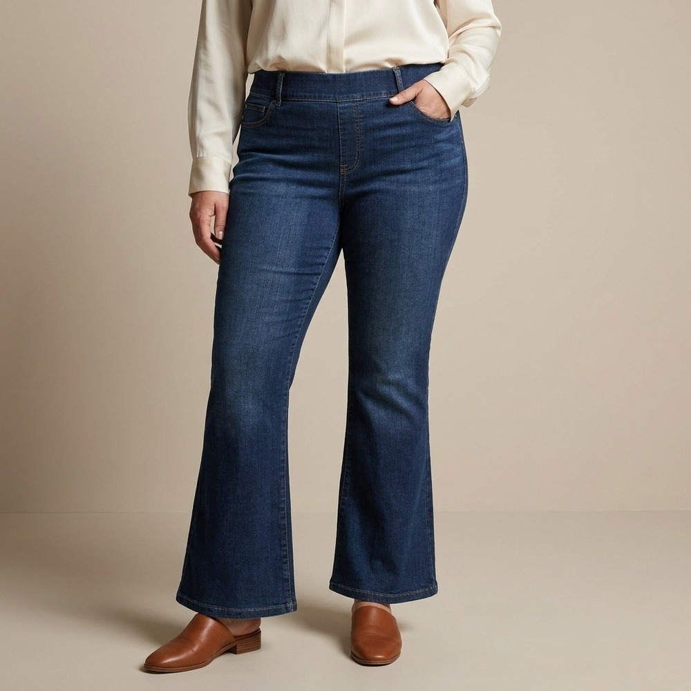 Spanx Women 1X‎ Dark Wash Flare Jeans High Rise Pull On Shaping 20327R Blue